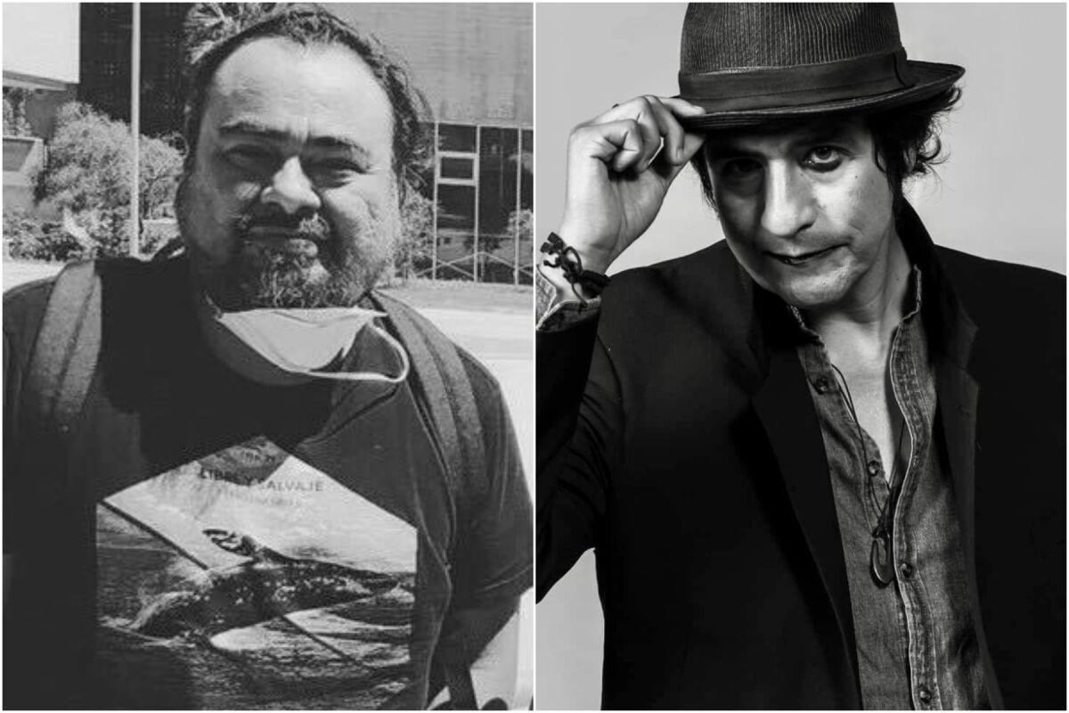 A split, black-and-white image of a man with a mask under his chin and another man wearing a fedora