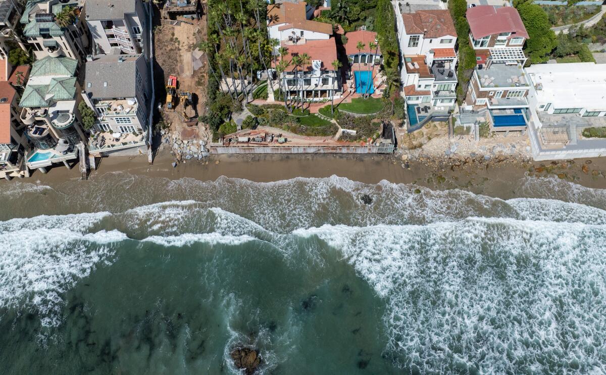 An aerial photo of beachfront houses in Malibu.