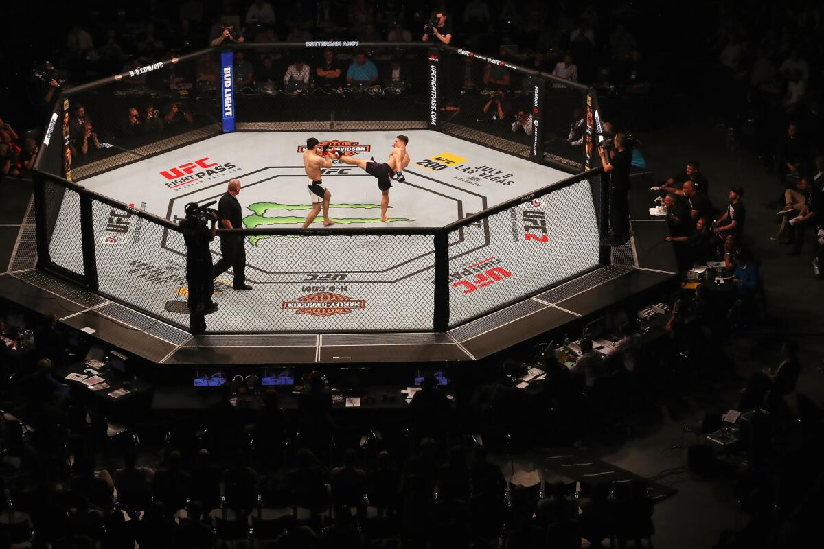 Rustam Khabilov, left, of Russia and Chris Wade of the U.S. compete in their lightweight bout during a UFC card on May 8, 2016, in Rotterdam, Netherlands.