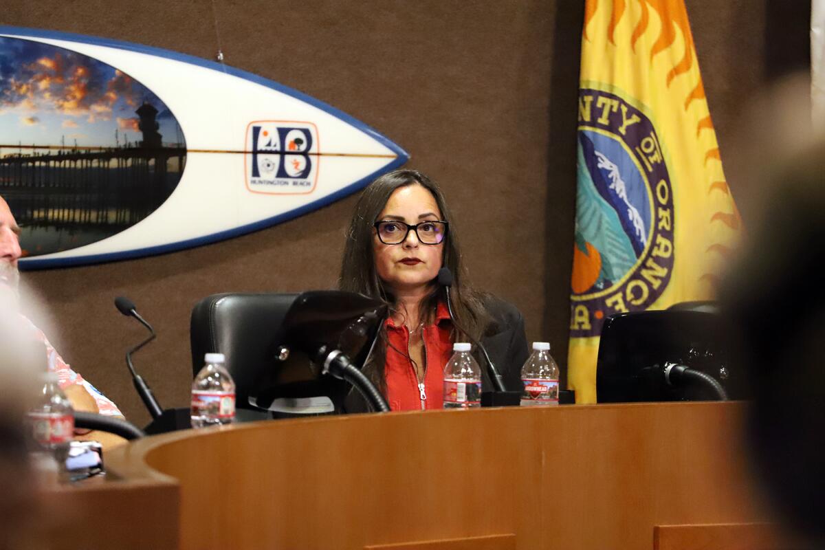 Huntington Beach Mayor Gracey Van Der Mark listens to the public comments during Tuesday night's meeting.