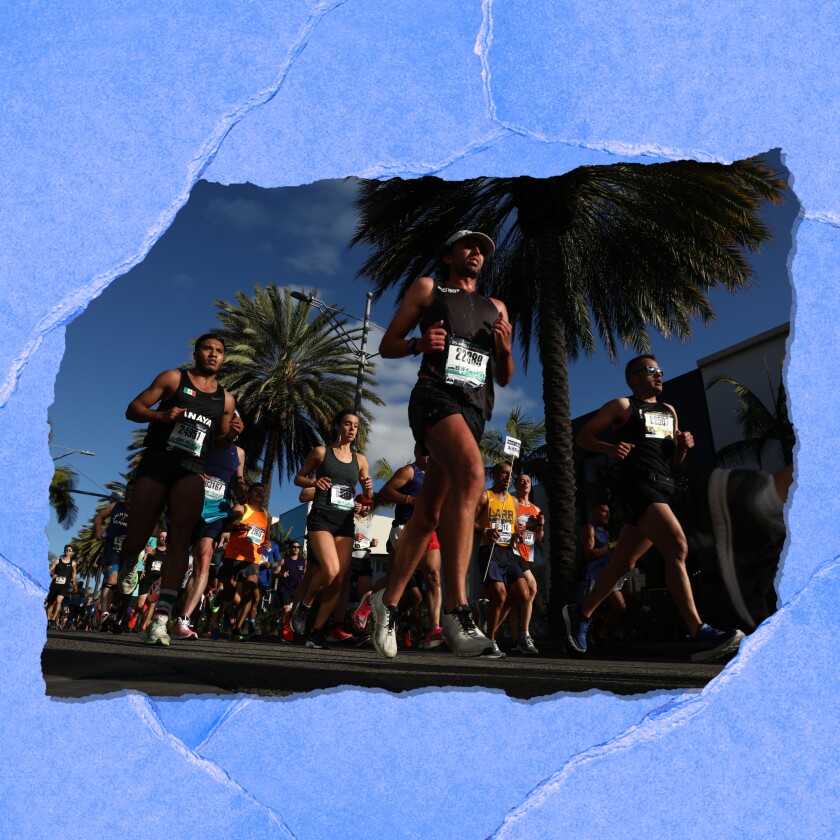 Competitors in racing gear and wearing numbers race under palm trees and blue skies.