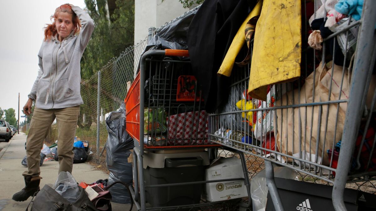 Jeannine Tantin, 50, pauses as she clears out her possessions near the 405 and 118 interchange. (Christian K. Lee / Los Angeles Times)