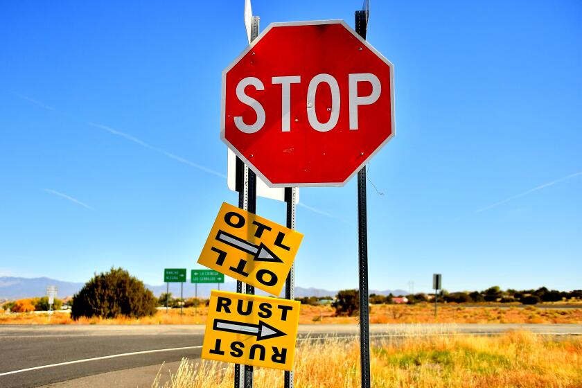 SANTA FE, NEW MEXICO - OCTOBER 22: A sign directs people to the road that leads to the Bonanza Creek Ranch where the movie "Rust" is being filmed on October 22, 2021 in Santa Fe, New Mexico. Director of Photography Halyna Hutchins was killed and director Joel Souza was injured on set while filming the movie "Rust" at Bonanza Creek Ranch near Santa Fe, New Mexico on October 21, 2021. The film's star and producer Alec Baldwin discharged a prop firearm that hit Hutchins and Souza. (Photo by Sam Wasson/Getty Images)