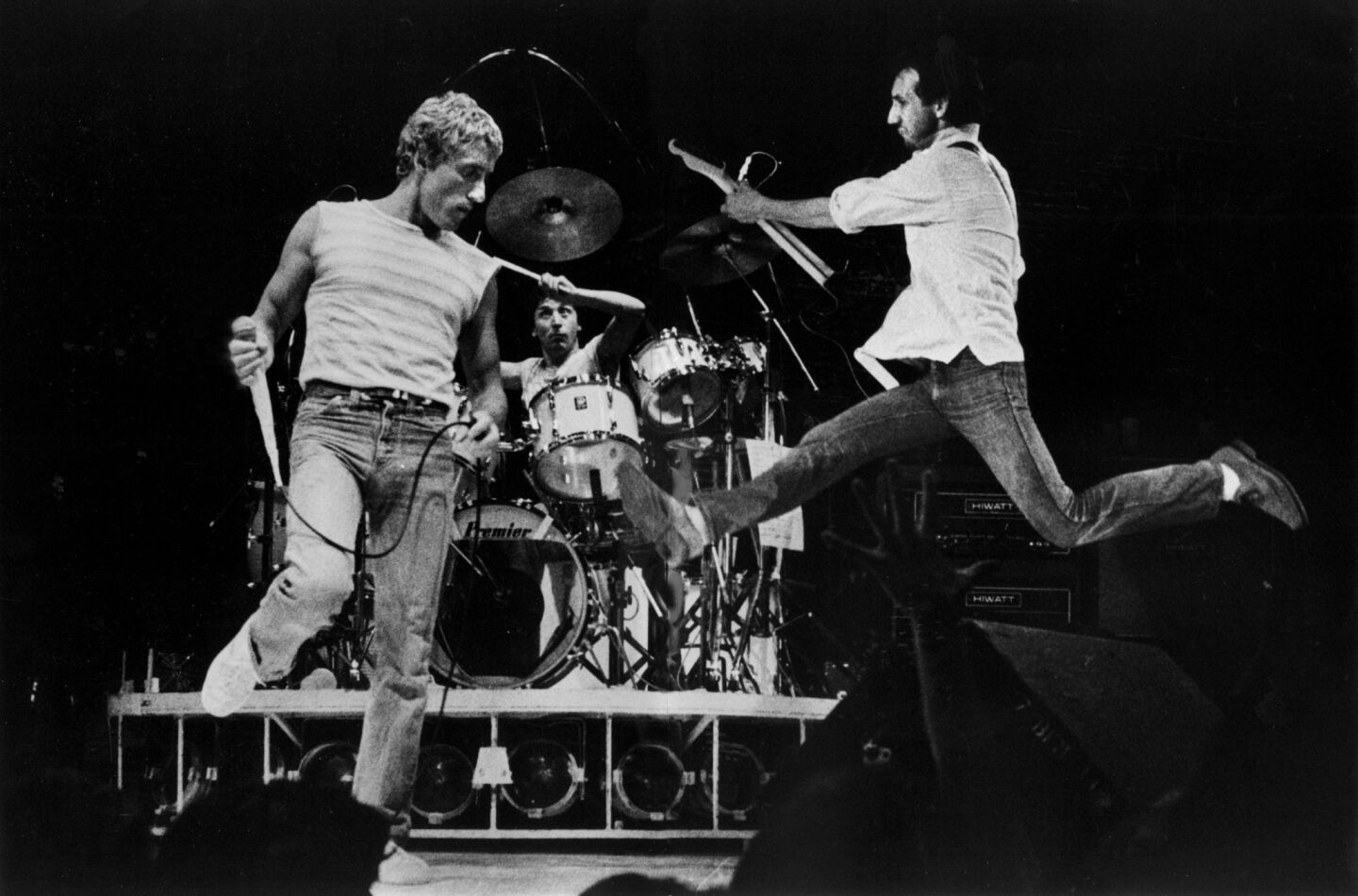 The Who's Roger Daltrey, left, drummer Kenney Jones and Pete Townshend at the Los Angeles Sports Arena on June 24, 1980.