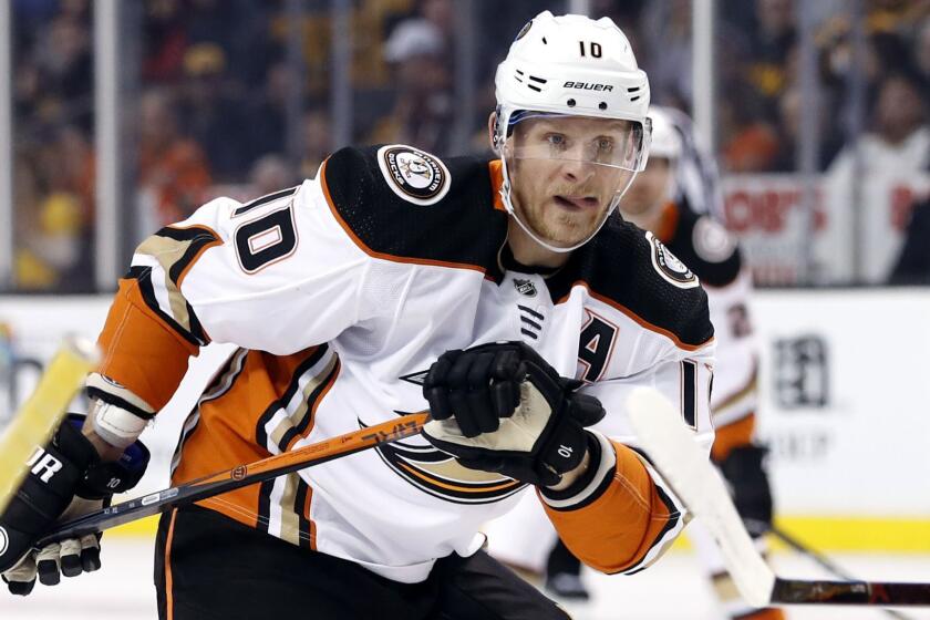 Anaheim Ducks' Corey Perry during the first period of an NHL hockey game against the Boston Bruins in Boston Tuesday, Jan. 30, 2018. (AP Photo/Winslow Townson)