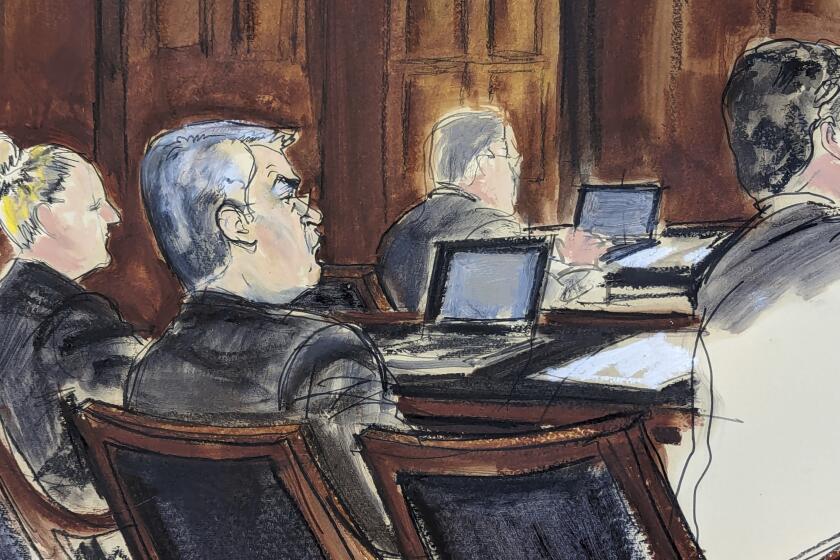 In this courtroom sketch in Federal court, in New York, Tuesday, Feb. 20, 2024, former Honduran President Juan Orlando Hernandez, seated center at the defense table, is flanked by his attorneys at the start of his trial. Nearly two years after his arrest and extradition to the U.S., Hernandez went on trial Tuesday in Manhattan federal court on drug trafficking and weapons charges. (Elizabeth Williams via AP)