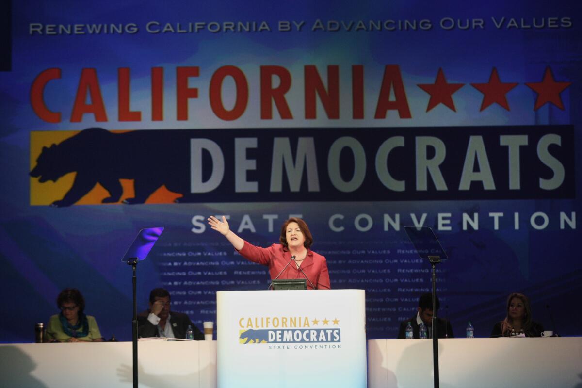 California Assembly Majority Leader Toni Atkins speaks at the California Democratic Convention at the L.A. Convention Center this month. The Assembly will hold a vote to designate her as speaker next week.