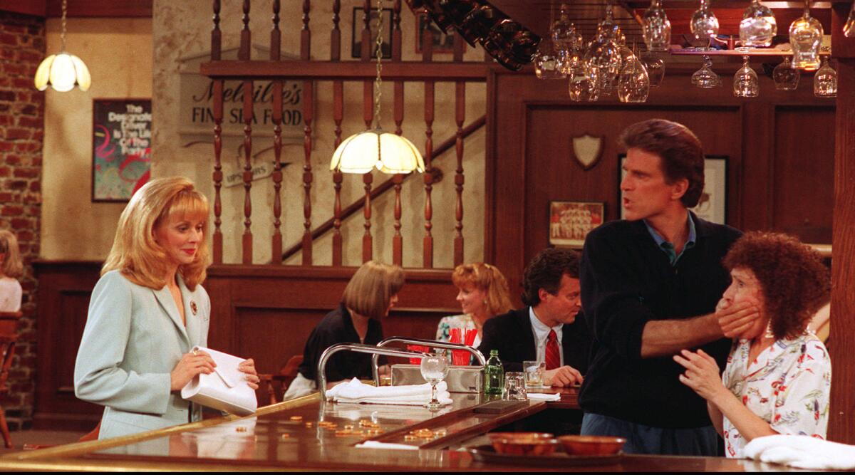 Ted Danson, Rhea Perlman, right, and Shelley Long in a scene during the final episode of "Cheers."