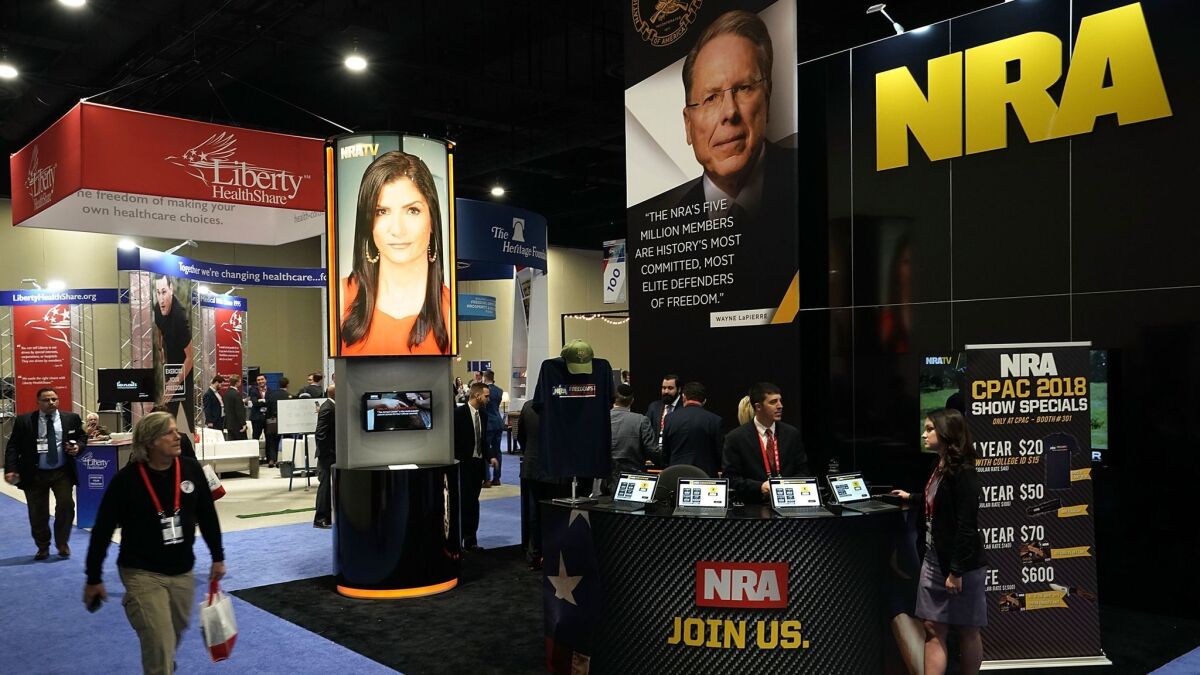 The booth of the National Rifle Assn. is seen during the Conservative Political Action Conference, known as CPAC, on Feb. 22, 2018, in National Harbor, Md.