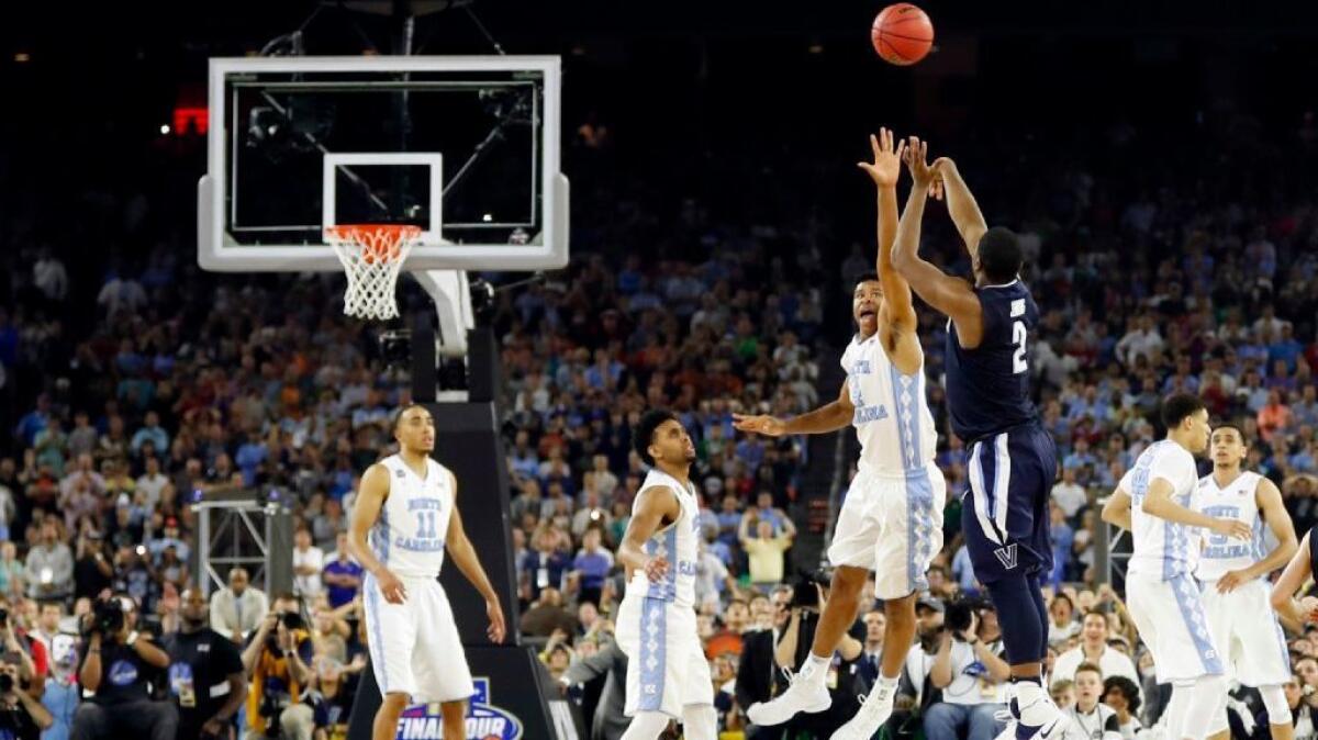 Villanova's Kris Jenkins makes the game-winning three-pointer against North Carolina in the 2016 NCAA Tournament final on April 4. Villanova is the No. 1 overall seed in the 2017 tournament.