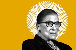 Portrait of Ruth Bader Ginsburg with her head surrounded by a halo resembling her lace collar.
