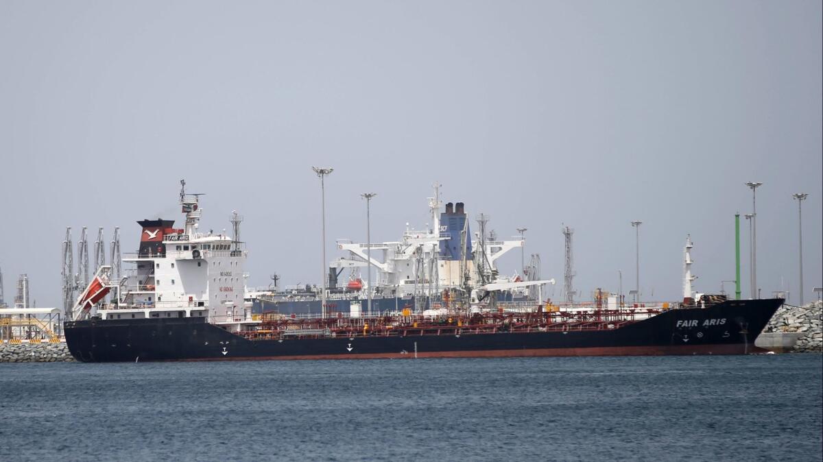 Ships are anchored at the main port of Fujairah in the United Arab Emirates on May 13.