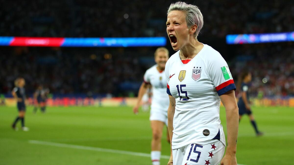 Megan Rapinoe of the U.S. celebrates after scoring her second goal of the match during a Women's World Cup quarterfinal against France on June 28 in Paris.