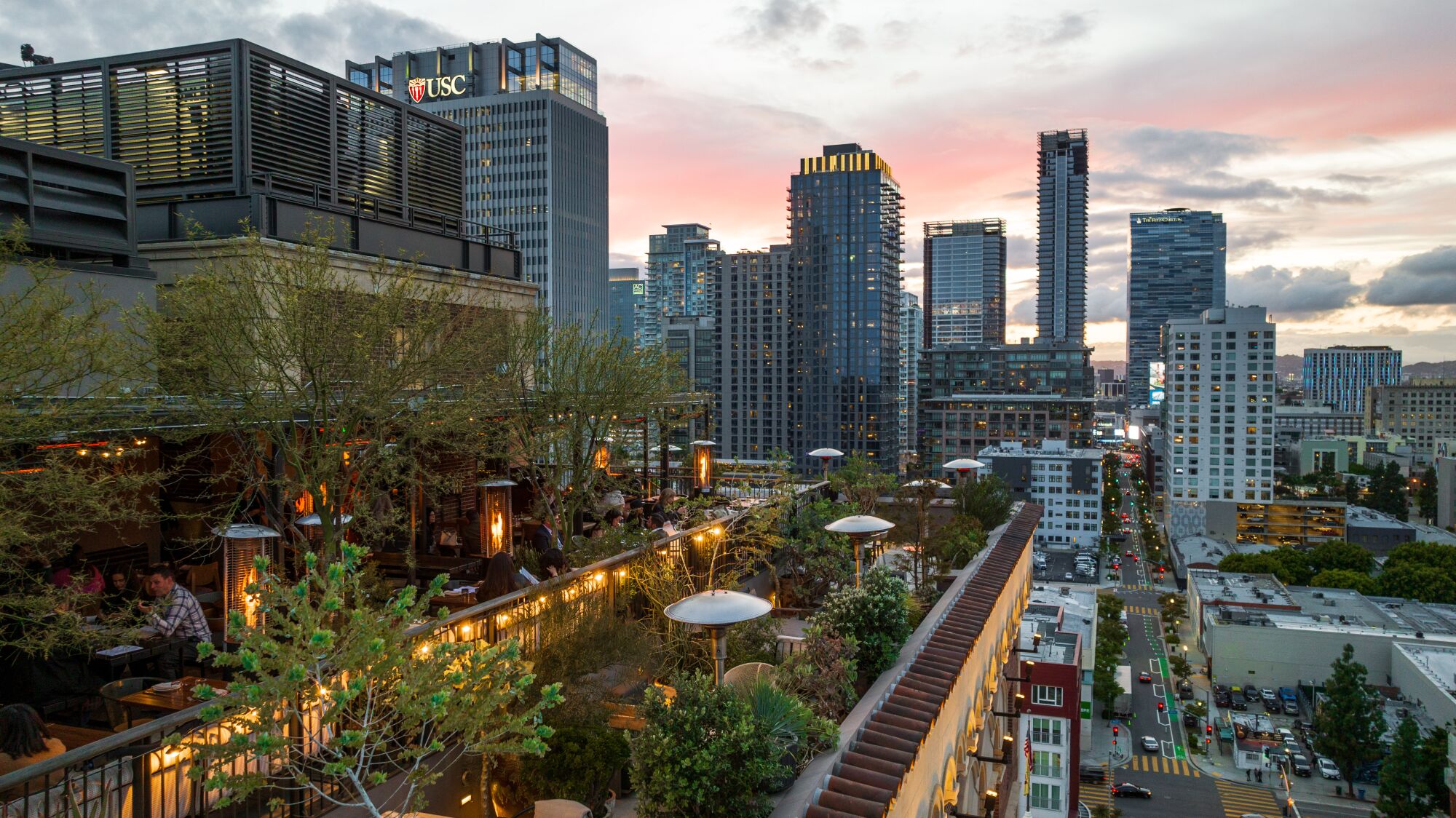 A view of the downtown Los Angeles skyline from the Cara Cara Rooftop Bar.