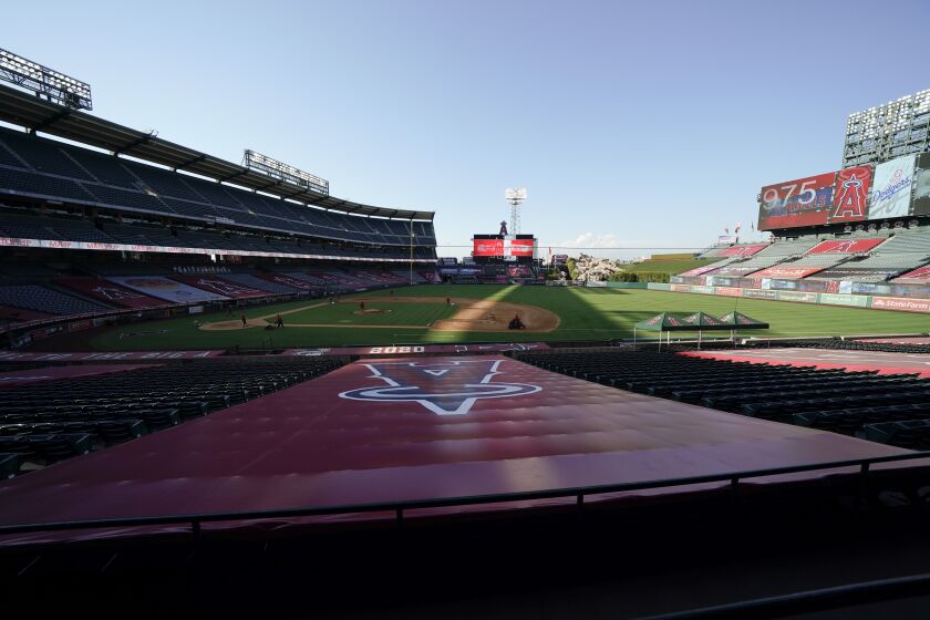 A general view of Angel Stadium before a baseball game between the Los Angeles Angels and the Los Angeles Dodgers, Friday, Aug. 14, 2020, in Anaheim, Calif. (AP Photo/Jae C. Hong)