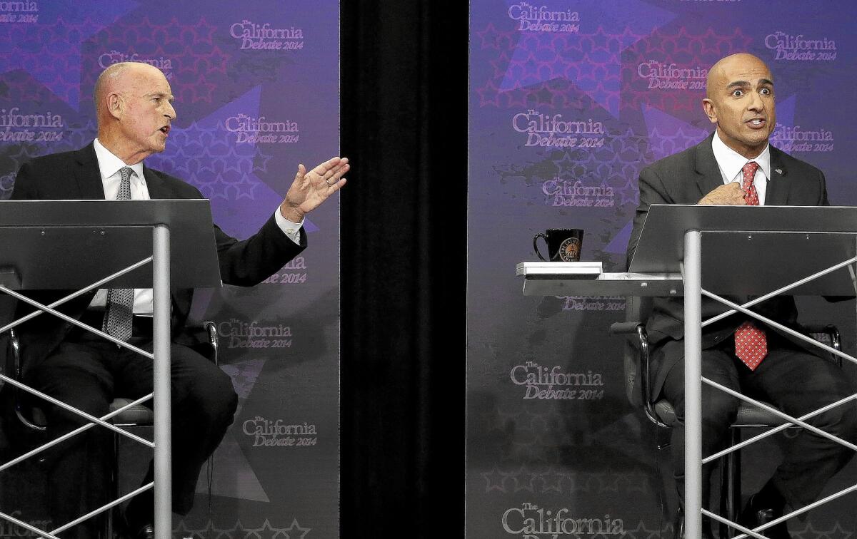 Gov. Jerry Brown, left, and Republican challenger Neel Kashkari face off in Sacramento in their only scheduled debate.