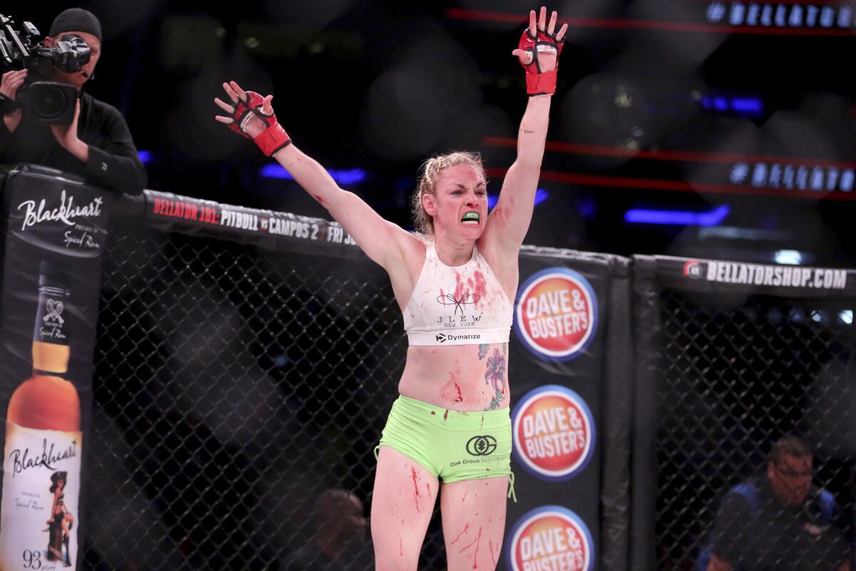 Heather Hardy celebrates after defeating Alice Yauger by TKO in the third round at Bellator 180 on June 24. 2017.