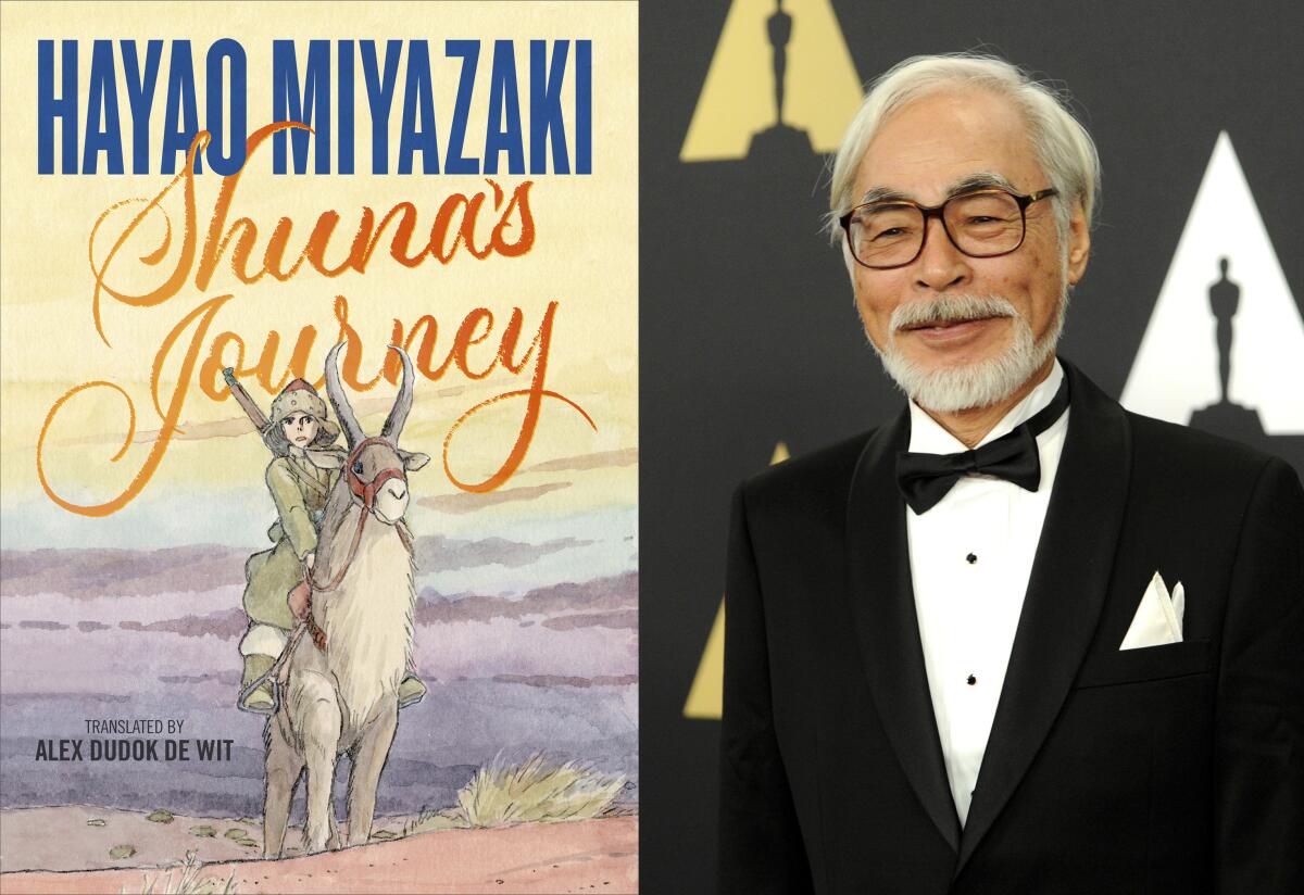 En esta combinación de fotos, la portada de la novela gráfica "Shuna's Journey" de Hayao Miyazaki