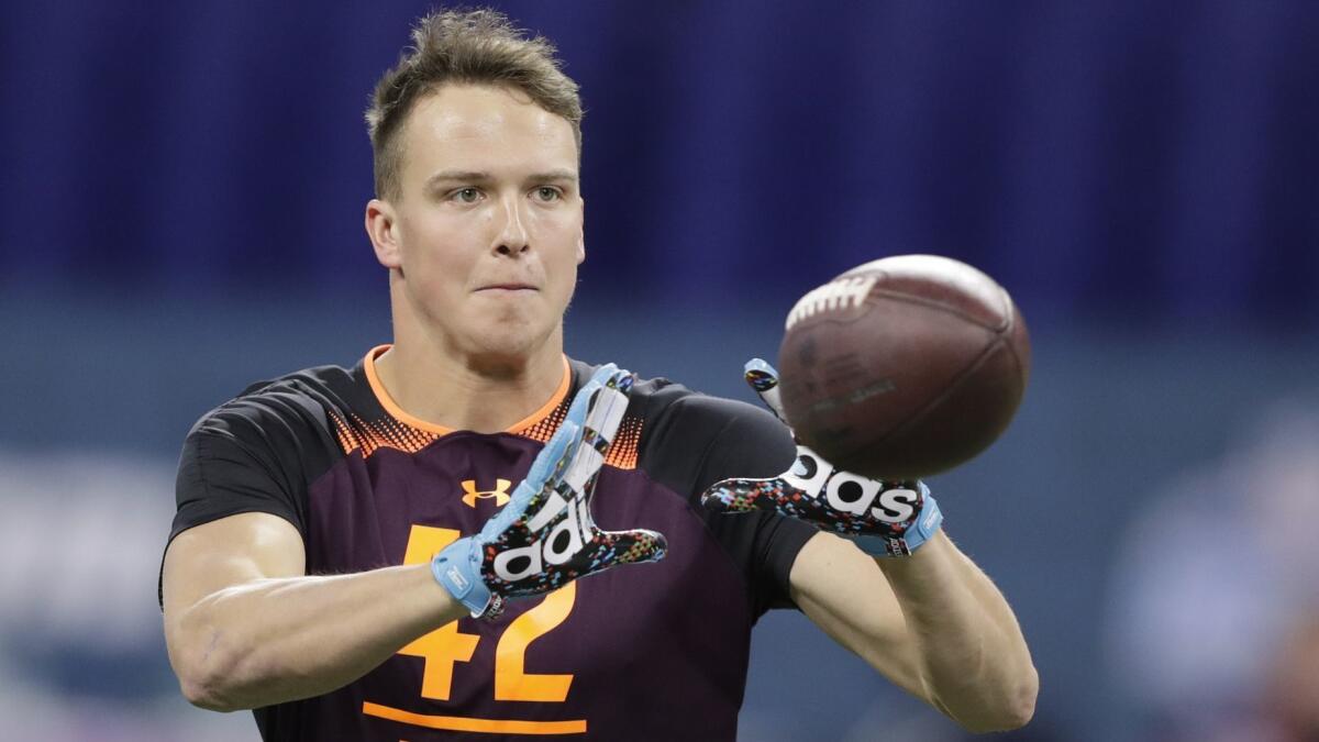 West Virginia receiver David Sills runs a drill during the NFL scouting combine March 2 in Indianapolis.