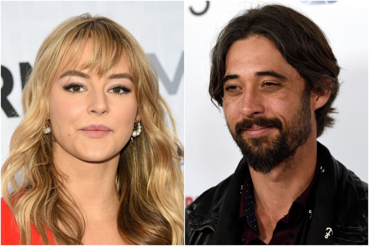 A split image of Hassie Harrison looking at the camera and Ryan Bingham posing in a black jacket