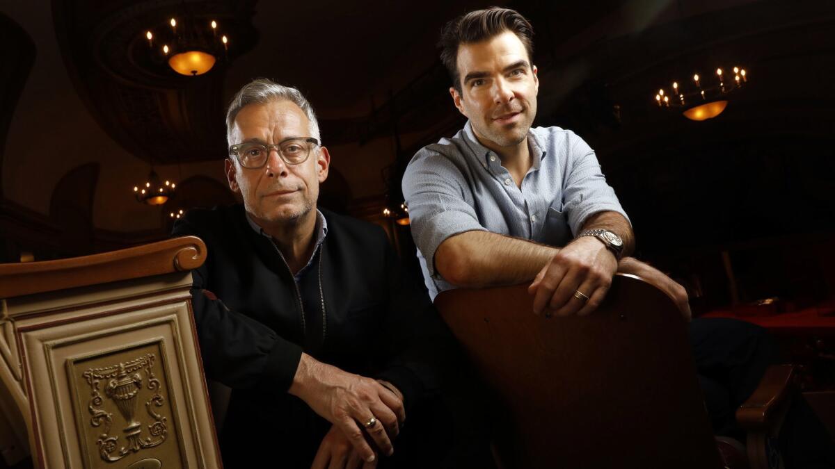 Director Joe Mantello, left, and actor Zachary Quinto, photographed at the Booth Theater on Broadway, hadn't worked together before "The Boys in the Band," but their stage careers have a few things in common.