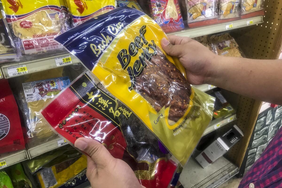 A collection of Chinese meat products in San Gabriel that are approved for sale in the United States.