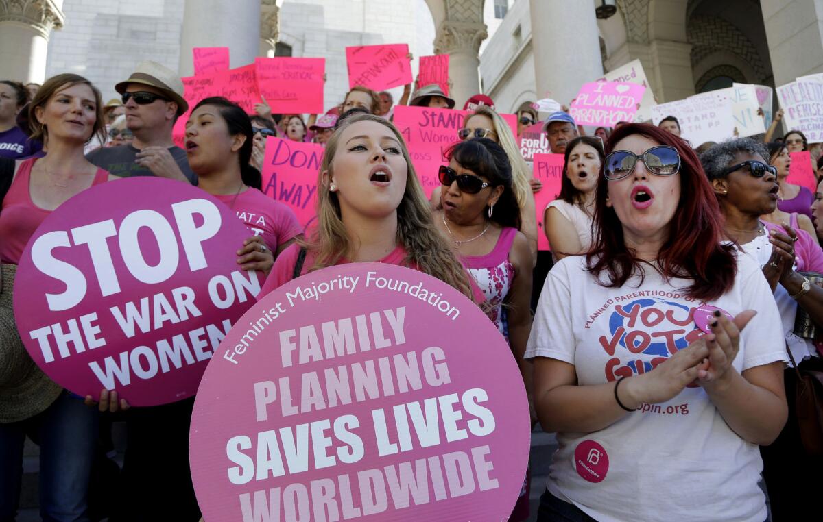 Planned Parenthood supporters at Los Angeles City Hall on Sept. 9, 2015.