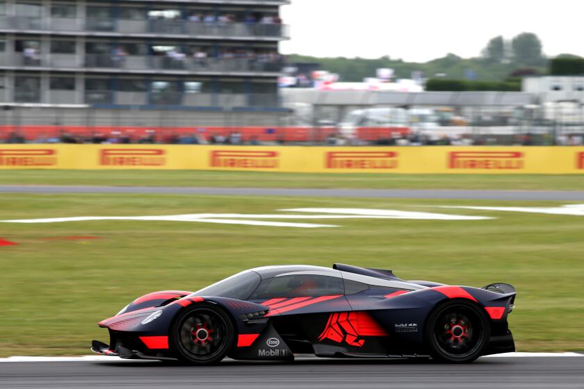 NORTHAMPTON, ENGLAND - JULY 13: The Aston Martin Valkyrie is seen on track after final practice for the F1 Grand Prix of Great Britain at Silverstone on July 13, 2019 in Northampton, England. (Photo by Charles Coates/Getty Images)