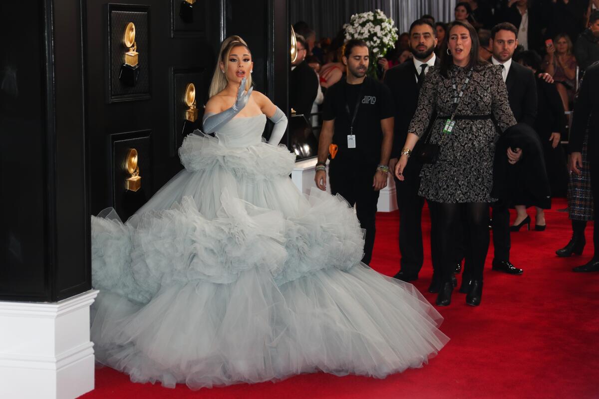 Ariana Grande on the red carpet at the Grammy Awards at Staples Center in Los Angeles in January.