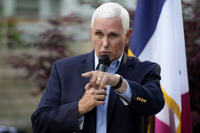 Former Vice President Mike Pence speaks to local residents during a meet and greet, Tuesday, May 23, 2023, in Des Moines, Iowa. (AP Photo/Charlie Neibergall)