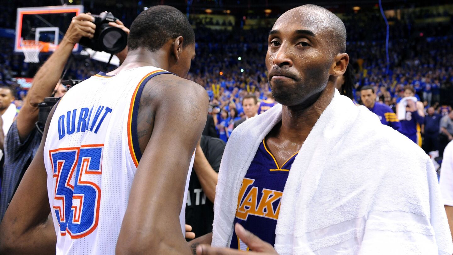 Lakers star Kobe Bryant, right, greets Oklahoma City Thunder standout Kevin Durant before walking off the court after a season-ending loss in Game 5 of the 2012 Western Conference semifinals.