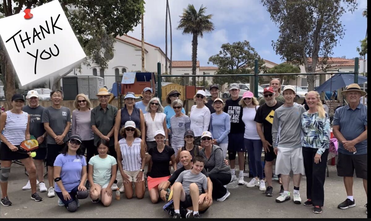 A photo provided by Marie Harrington shows a group of pickleball players gathered at the La Jolla Recreation Center to play.