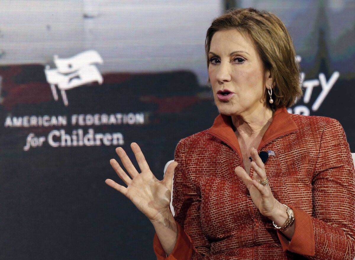 Republican presidential candidate Carly Fiorina, former Hewlett-Packard chief executive, speaks during an education summit, Wednesday, Aug. 19, 2015, in Londonderry, N.H. (AP Photo/Jim Cole)