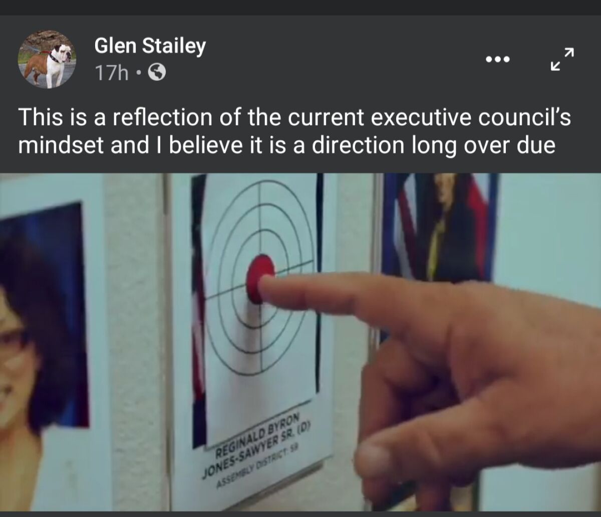 A Facebook post shows a finger pointing at a bull's-eye target posted over a photo of Assemblyman Reggie Jones-Sawyer