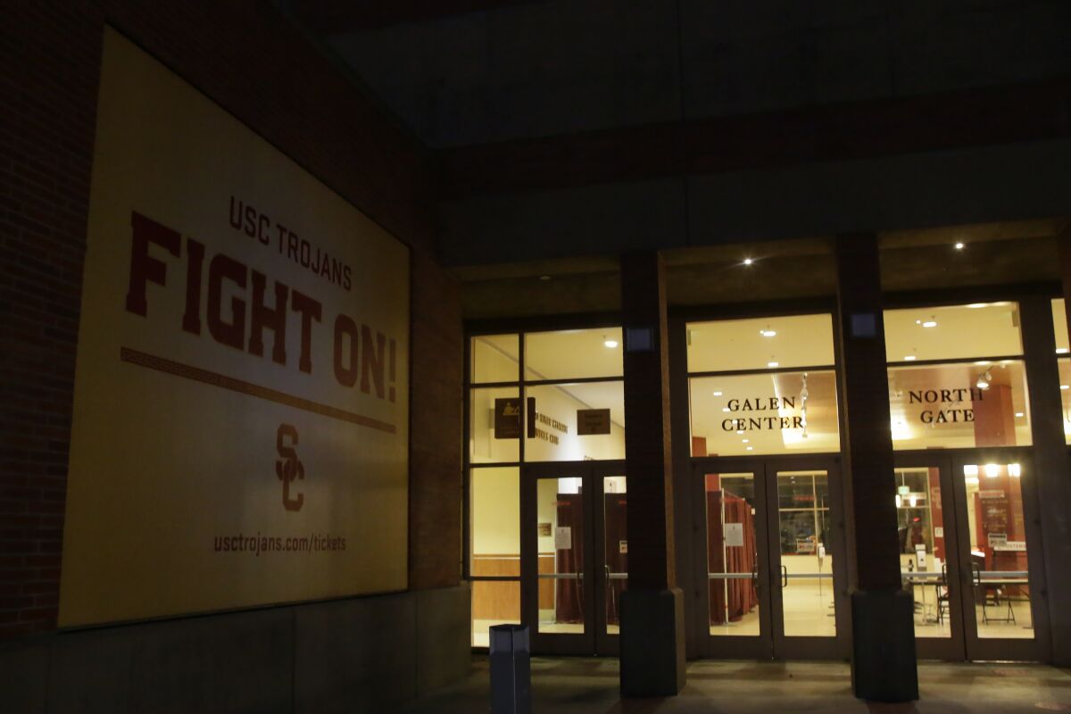 The Galen Center, home to USC basketball, is closed to the public before the Trojans' postponed game against Stanford.