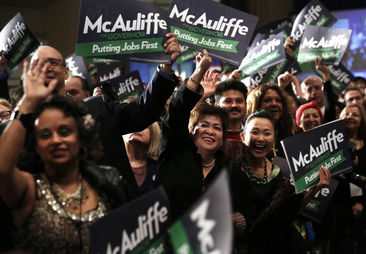 Supporters celebrate Democratic Virginia gubernatorial candidate Terry McAuliffe pulling ahead in election results.