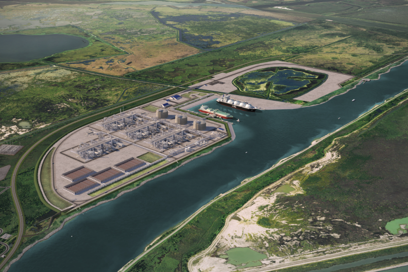 Computer rendering of Sempra's proposed Port Arthur LNG facility on the Texas Gulf Coast.