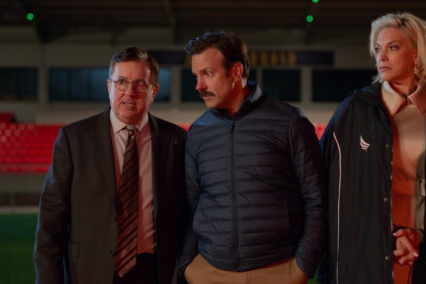 (L-R) Jeremy Swift, Jason Sudeikis and Hannah Waddingham in “Ted Lasso,” 