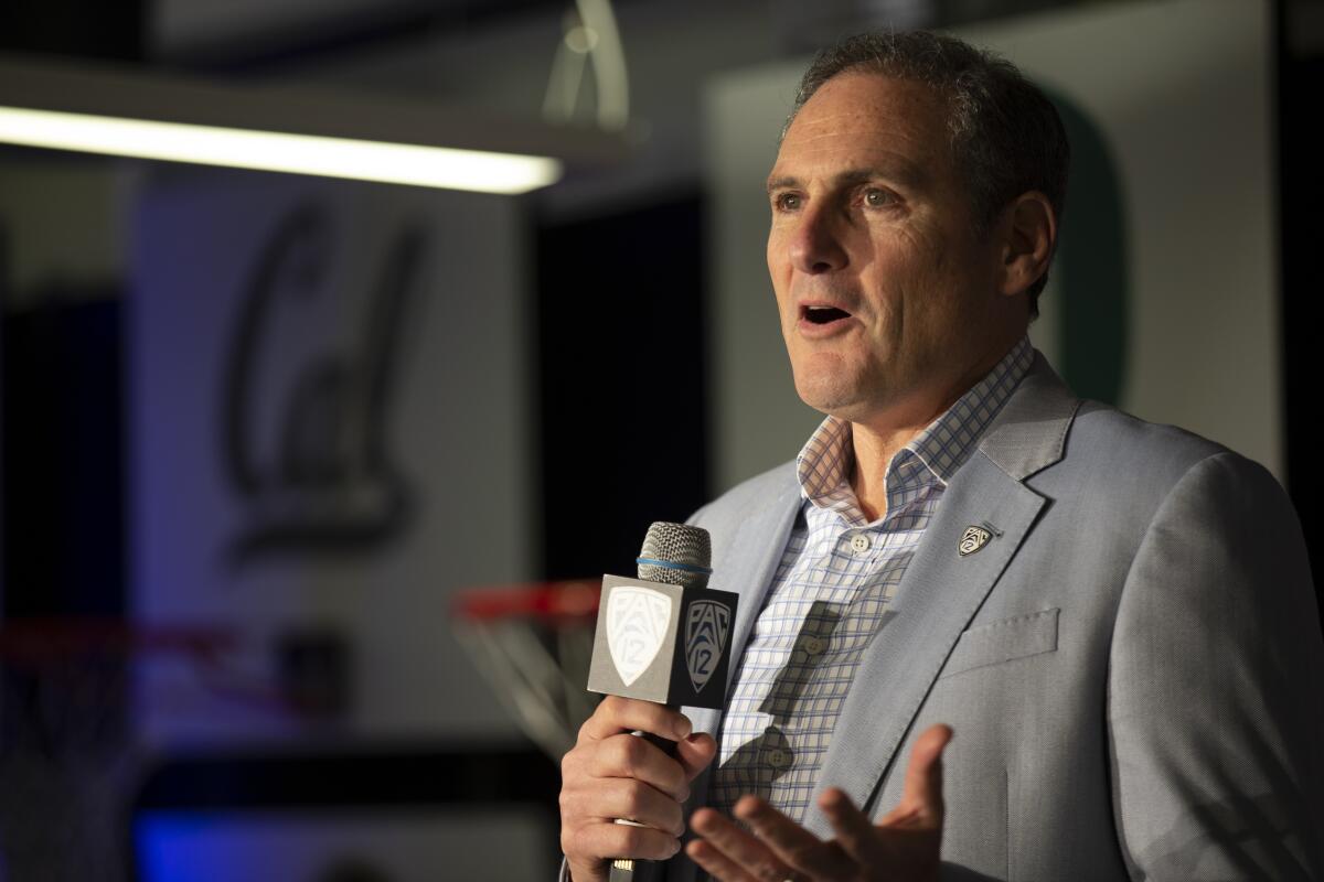 Pac-12 Commissioner Larry Scott speaks during basketball media day in October.