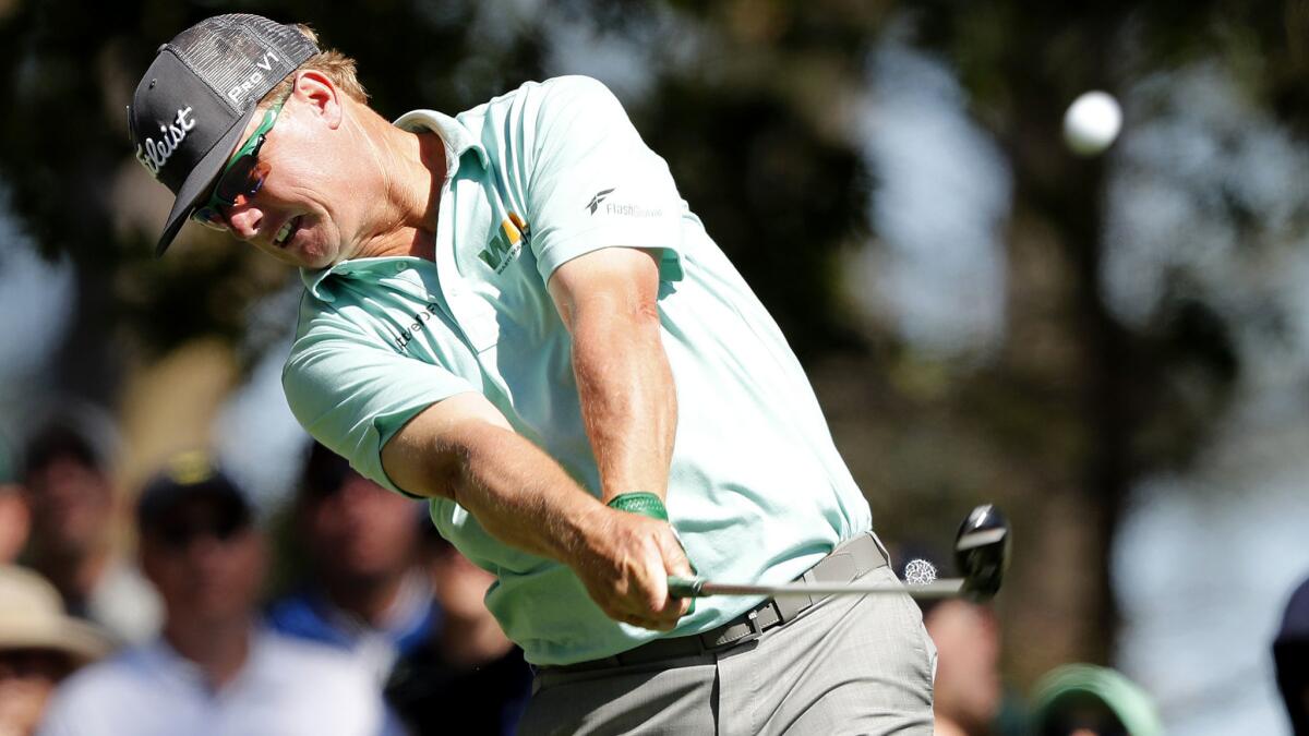 "I’ve been playing good golf and I’m really happy with where I’m at.” says Charley Hoffman, shown hitting a tee shot Saturday at the Masters tournament.