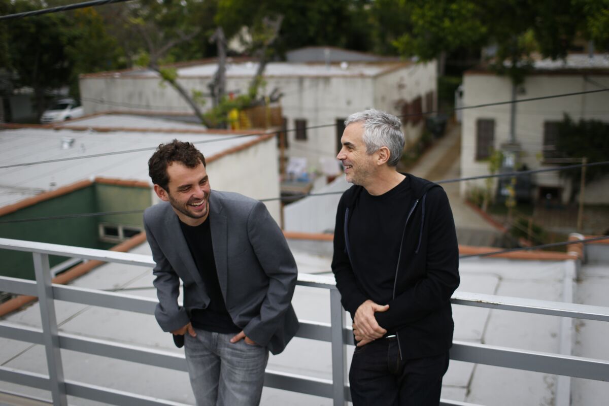 Filmmakers and sometime collaborators Jonas Cuarón and his father, Alfonso, photographed in Los Angeles on June.