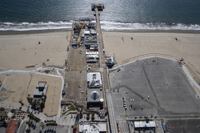 Aerial view of the Santa Monica Pier, looking toward the ocean.