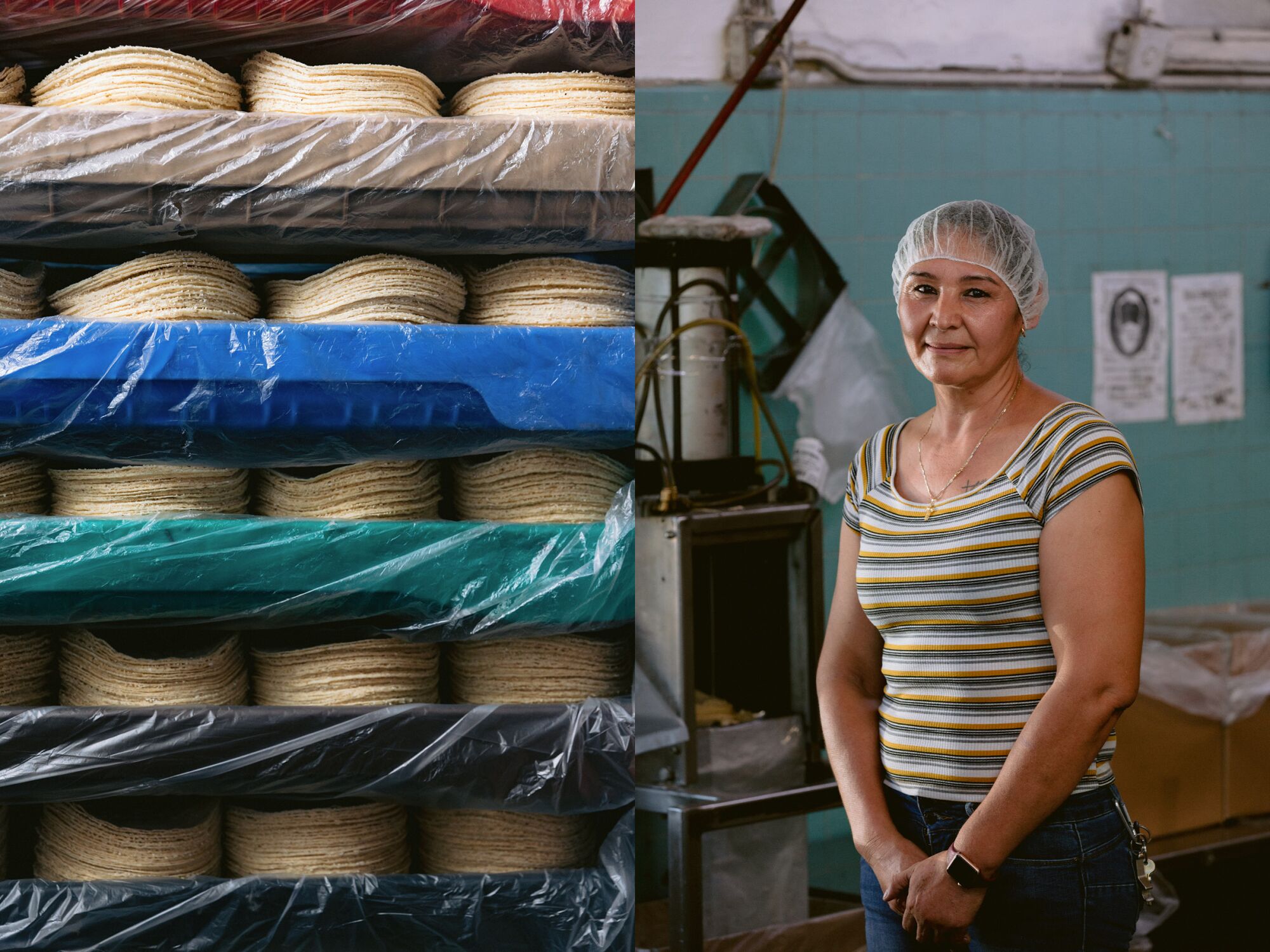 Two images side by side of stacked tortillas, left, and a portrait of a woman.