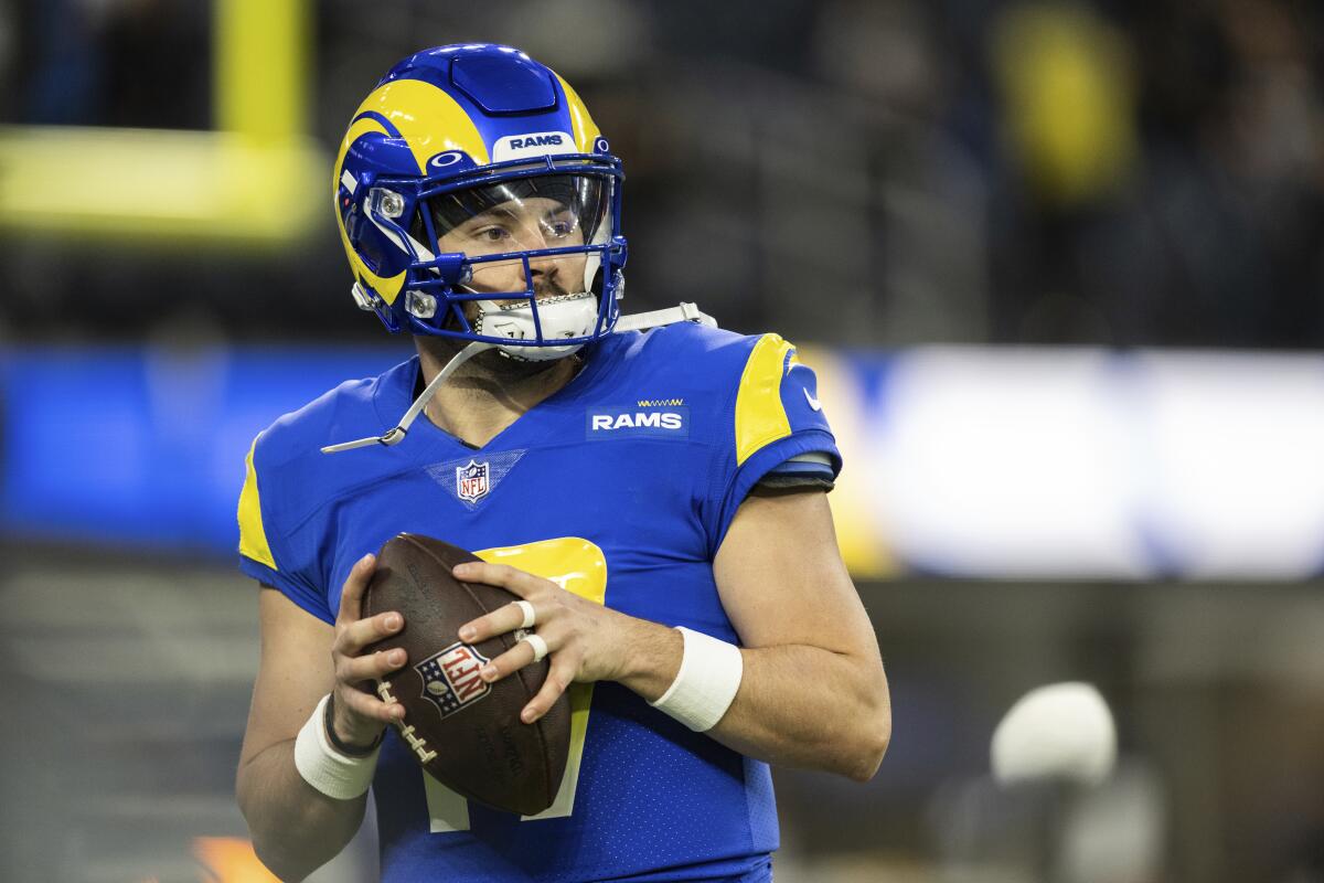Rams quarterback Baker Mayfield warms up before a win over the Raiders on Dec. 8.