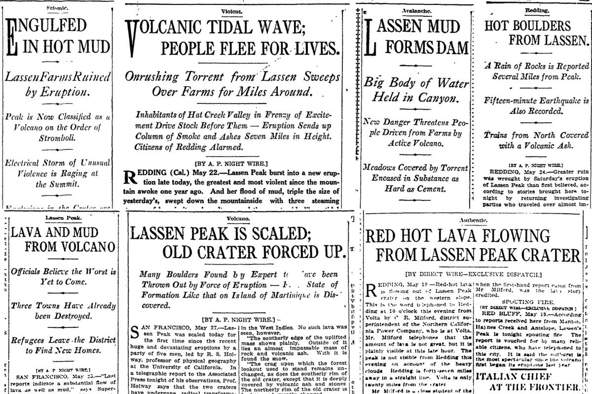 A collage of Los Angeles Times headlines from May 22 to May 28, 1915, covering Lassen Peak's eruption. (Los Angeles Times)