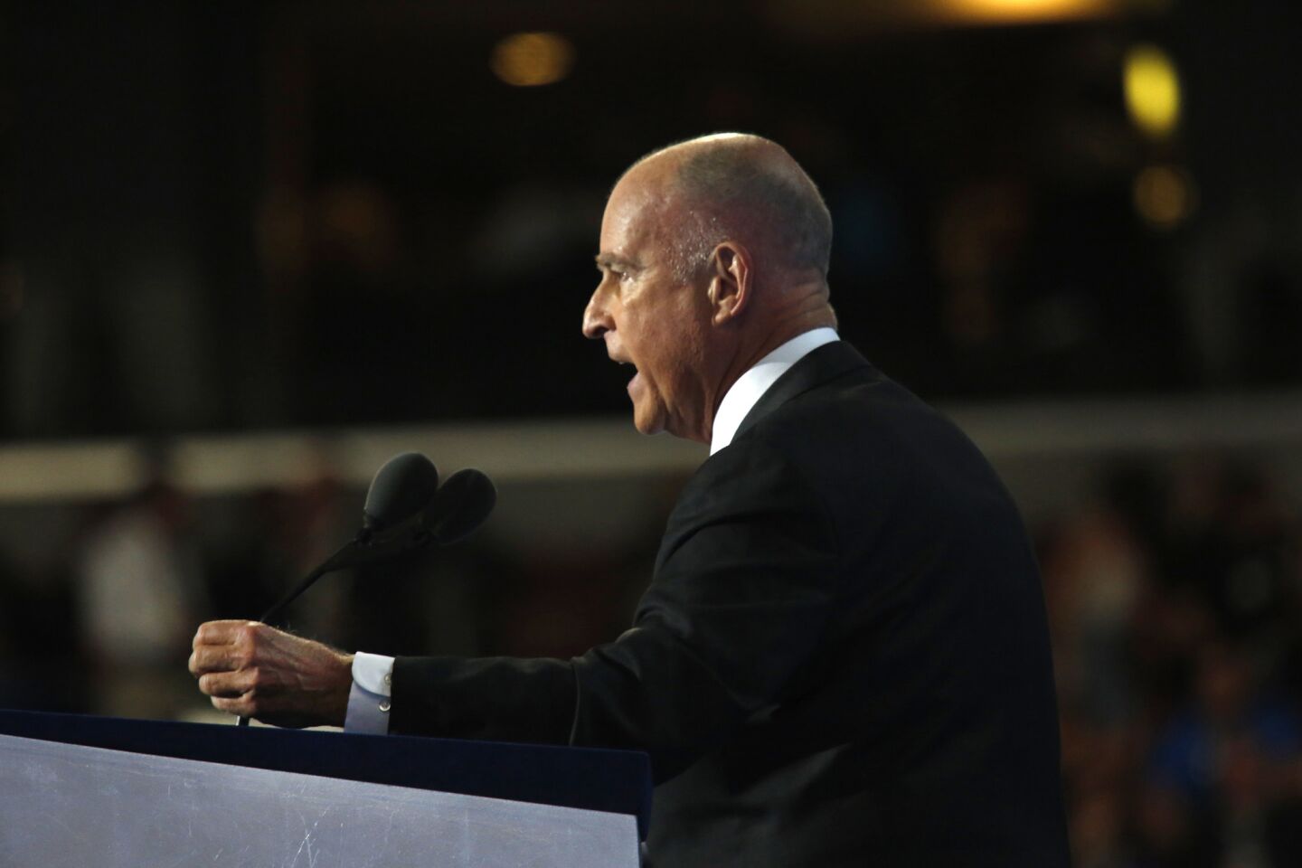 California governor Jerry Brown speaks on the third day of the Democratic National Convention.