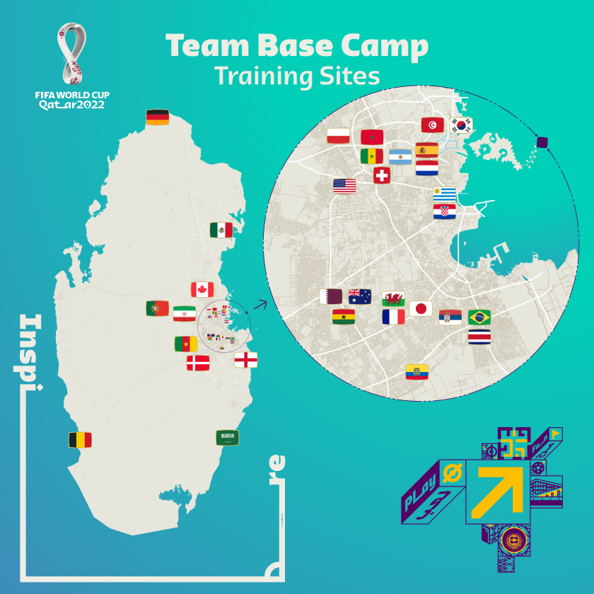 Mapa de Doha en el que se puede ver las bases de entrenamiento de todos los equipos del Mundial.
