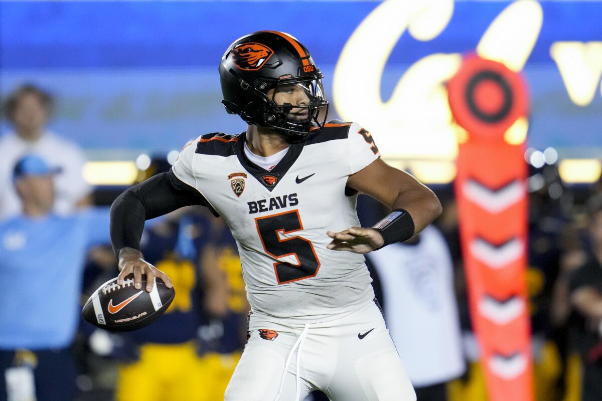 Oregon State quarterback DJ Uiagalelei looks for a receiver during the team's game against California on Oct. 7