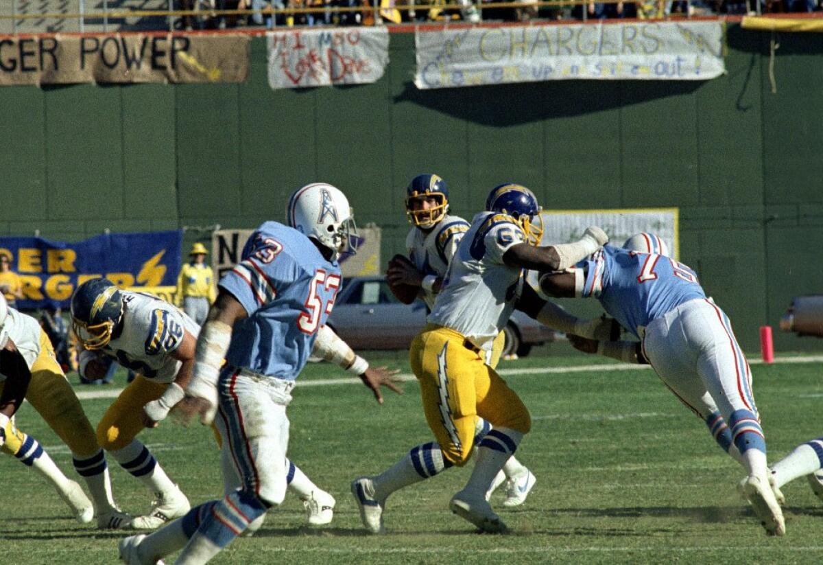 San Diego Chargers quarterback Dan Fouts during playoff game against Oilers in 1979 in which he threw five interceptions.