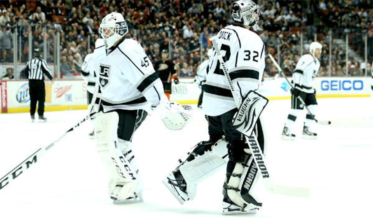 Kings goaltender Jonathan Bernier, left, will be in the nets against Columbus on Friday, his second start in a row, as Jonathan Quick (32) gets time off.